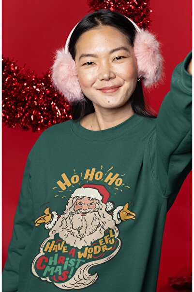 SUNFREE HO HO HO NOEL BABA BASKILI OVERSIZE PAMUKLU YEŞİL СВІТШОТ
