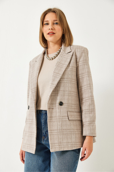 Bianco Lucci Women's Plaid Patterned Stamp Oversize Jacket 5046 60261079