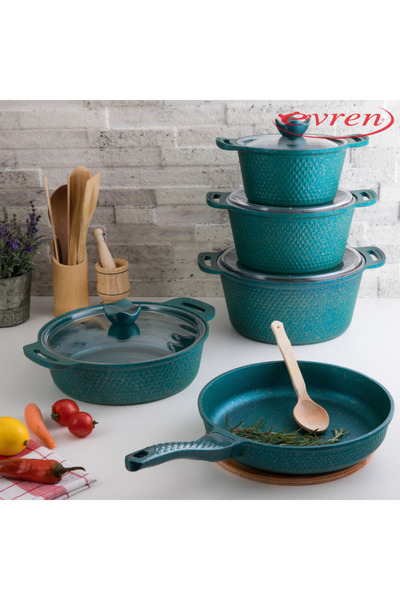Evren 9 Parça Green Kristal Döküm Tencere Seti