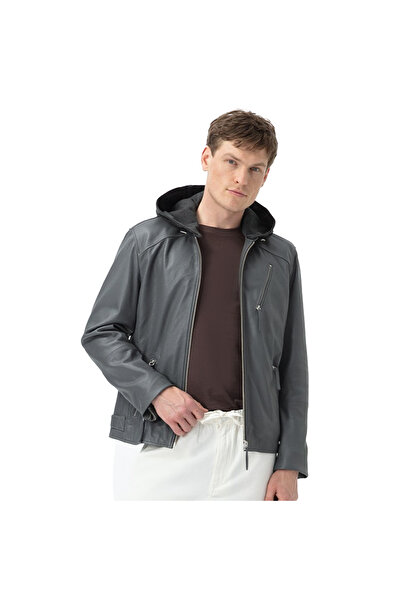 Desa Aimone Gri Erkek Kapüşonlu Deri Ceket