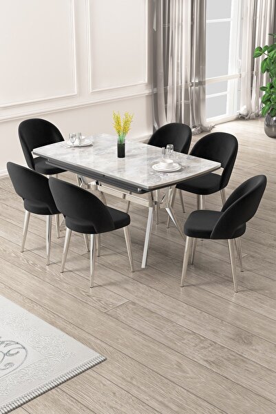 Canisa Weps Serisi 89x150 Açılabilir Lak Panel Rampla Gri Krom Ayak Masa Takımı ve 6 Siyah Sandalye