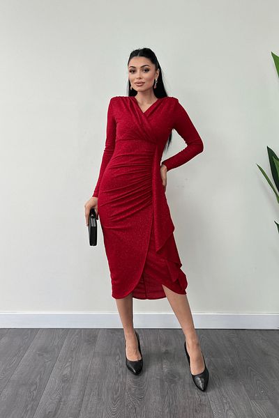 giyimmasalı Red Glitter Pencil Dress - Flounce and Drawstring