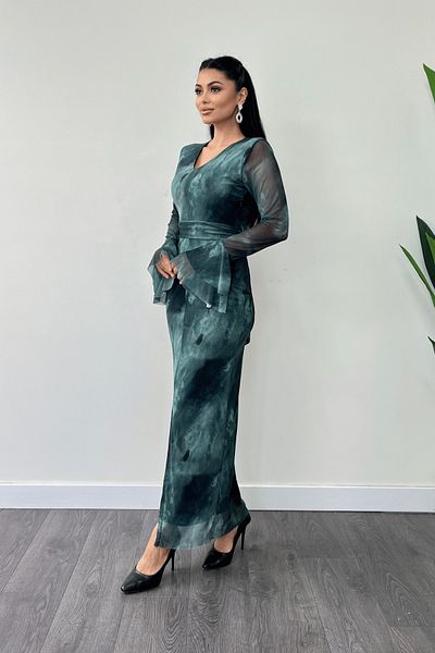 giyimmasalı Tulle Print Fabric Sleeves Flywheel Detail Pencil Dress - Turquoise