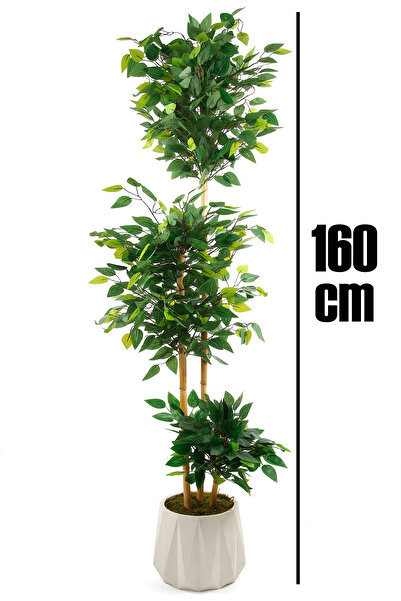 MH MiniHediye Yapay Çiçek Beton Saksıda Benjamin Salon Balkon Ev Ağacı Yeşil Bitkisi Bambu Gövdeli 160 cm