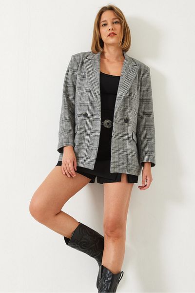 Bianco Lucci Women's Plaid Patterned Stamp Oversize Jacket 5046 60261079