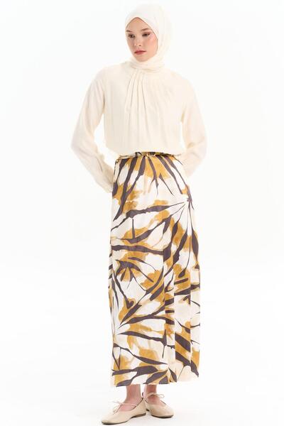 Tuğba Kemerli Desenli Godeli Etek - Hardal