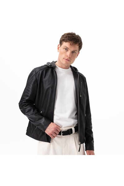 Desa Aimone Siyah Erkek Kapüşonlu Deri Ceket