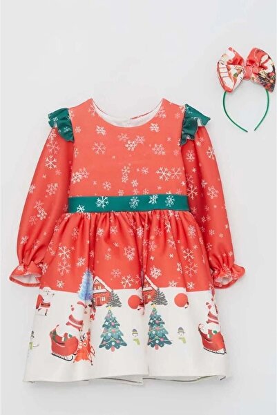 Riccotarz Girls' Red Christmas Dress with Ruffled Shoulders Deer and Snowflake Print