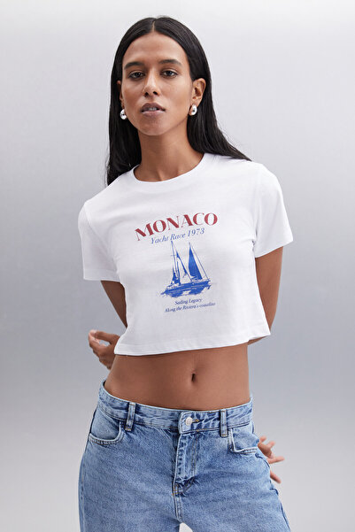 GRIMELANGE Tricou crop alb ROBYN - 100% bumbac femei