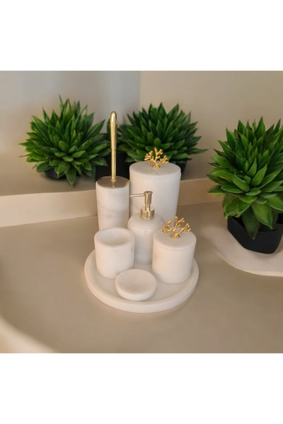 Marble Home Concept Marblehomeconcept Gold mercan kulplu 7'li beyaz mermer ba...