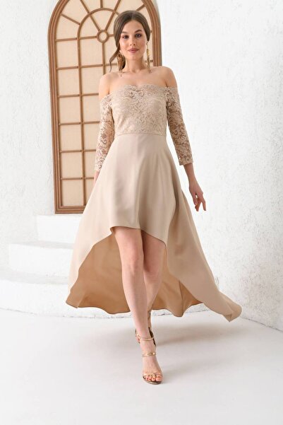 BK BOUTİQUE Önü Kısa Arkası Uzun Madonna Yaka Dantel Detaylı Elbise Abiye