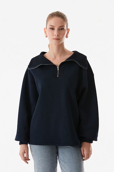 Fulla Moda Суичър от 3 прежди с половин цип и талия