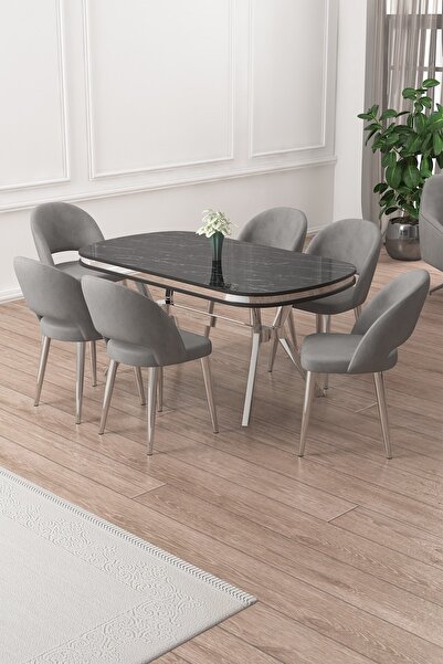 Canisa Jita Serisi 90x168 Lak Panel Siyah Mermer Krom Ayak Masa Takımı ve 6 G...