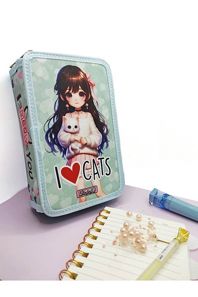 Limmy Πράσινη μολυβοθήκη XL Jumbo Model Cat Girl - Θήκη μολυβιών Organizer 3 θέσεων