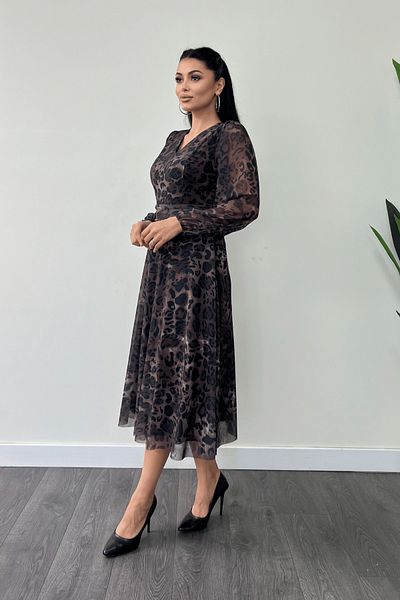 giyimmasalı V-Neck Tulle Midi Dress - Yilan Pattern