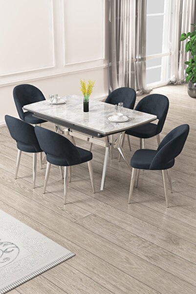 Canisa Weps Serisi 89x150 Açılabilir Lak Panel Rampla Gri Krom Ayak Masa Takımı ve 6 Antrasit  Sandalye
