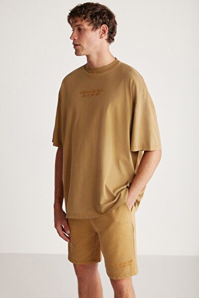 GRIMELANGE Jeffrey Erkek 2 Li Set Oversize Soluk Efektli Nakışlı Haki Eşofman Takımı