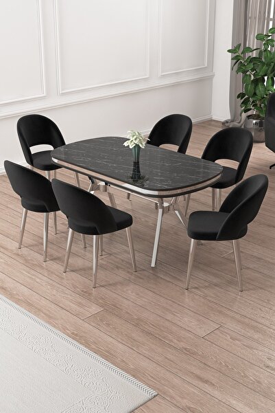 Canisa Jita Serisi 90x168 Lak Panel Siyah Mermer Krom Ayak Masa Takımı ve 6 Siyah Sandalye