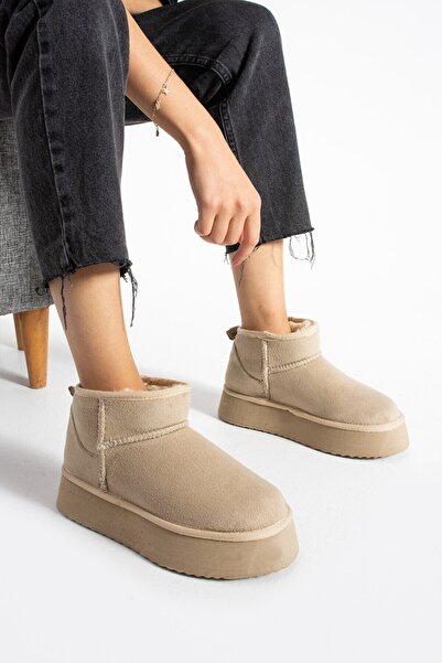 ODN Tiana Women's 4 cm Cream-Colored Durable Sole Comfortable Fur-Lined Warm Ug Model Boots Bootie