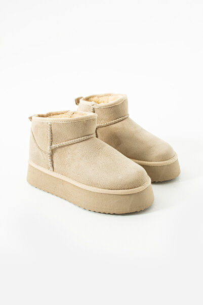 ODN Tiana Women's 4 cm Cream-Colored Durable Sole Comfortable Fur-Lined Warm Ug Model Boots Bootie