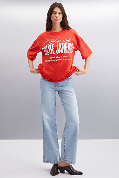 GRIMELANGE Malıka Women's 100% Organic Cotton City Theme Printed Oversize Crew Neck Red T-Shirt