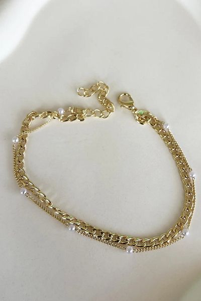 Saint Charmes Gold Color Pearl Detailed Double Chain Anklet