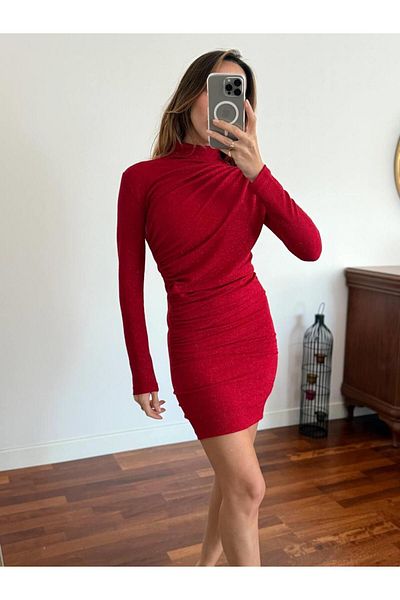 Maldia Shop Women's Silvery Turtleneck Red Dress