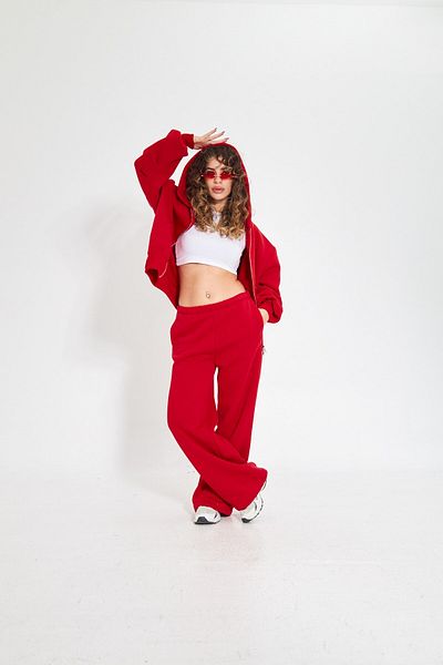 The Champ Clothing Red Women's Double-Sided Zip-Up Hooded Wide Leg Oversize Tracksuit Set