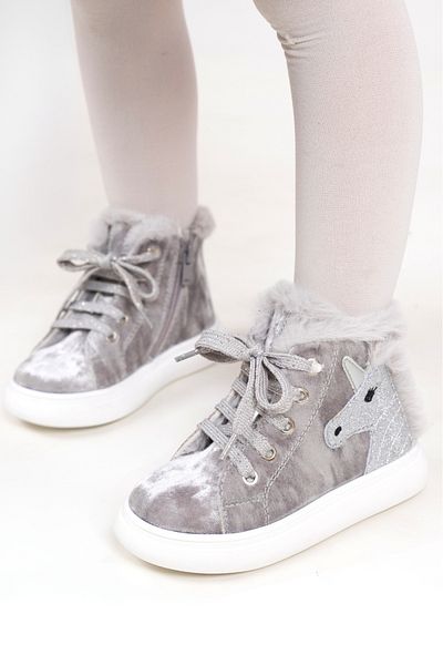 kids A more Heira Unicorn Patterned Baby Girl Boots with Plush Fur Inside Silver