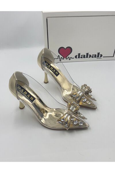 dabab shoes Marry Kadın Altın Şeffaf Rugan Taş Fiyonk Detaylı Stiletto Ayakkabı