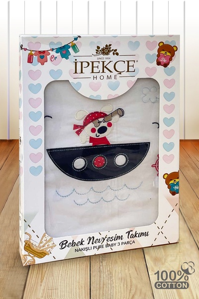 İpekçe Home Pure Baby 100% Cotton Boxed 3 Piece Embroidered Baby Duvet Cover Set
