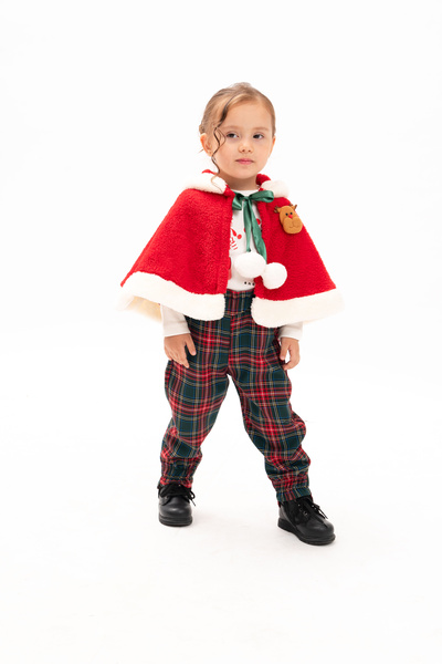 Eray Kids Yılbaşı Konseptli Geyik Şapkalı Unisex Çocuk Kırmızı Pelerin Pantolon Takım