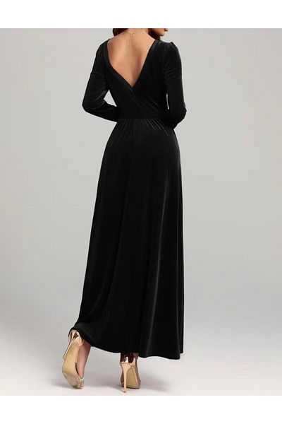 Styling Park Square Neck Midi Length Long Sleeve Back Cutout Velvet Dress