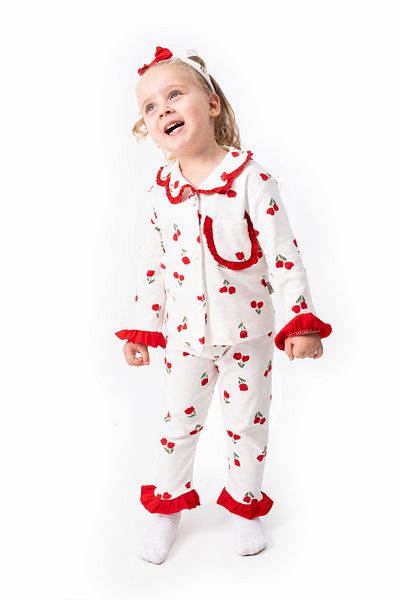 Bolly Baby 100% Cotton Baby Girl's Pjama Set with Rubbed Bandan with Button Detail