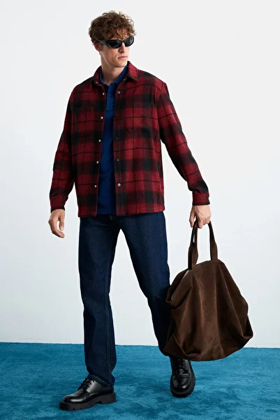 GRIMELANGE Sagan Men's - Cotton-Polyester Shirt Collar, Relaxed Lumberjack Claret Red Shirt