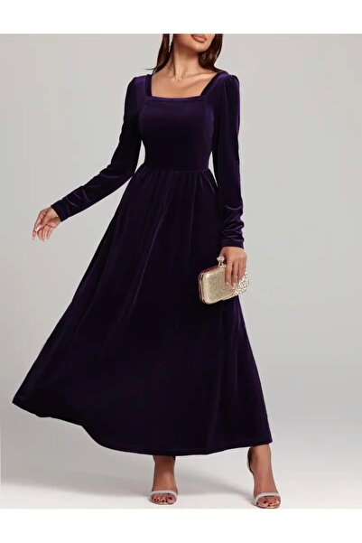 Styling Park Kare Yaka Midi Boy Uzun Kollu Sırt Dekolteli  Kadife Elbise