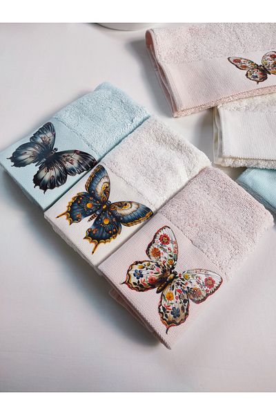 Sevim 3-Piece Digital Printed Bamboo Kitchen Towel Set - Extra Soft - Mixed Color Butterfly Printed