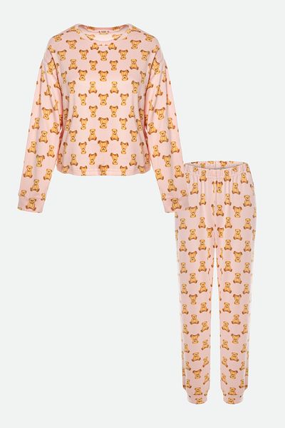 koza iç giyim Women's Cotton Long Sleeve Print Detailed Jogger Model Pajamas Set