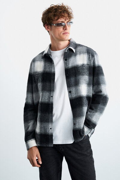 GRIMELANGE Sagan Erkek Pamuk-polyester Gömlek Yaka Relaxed Oduncu Siyah Gömlek