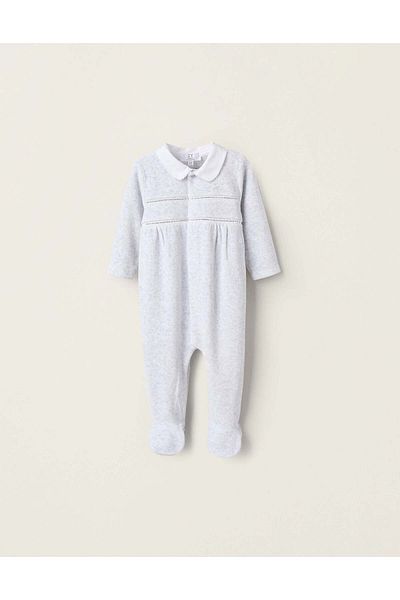 Ziddy VELOURS EMBROIDERED SLEEPSUIT FOR NEWBORN GIRLS, GREY/WHITE