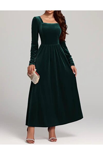 Styling Park Kare Yaka Midi Boy Uzun Kollu Sırt Dekolteli  Kadife Elbise