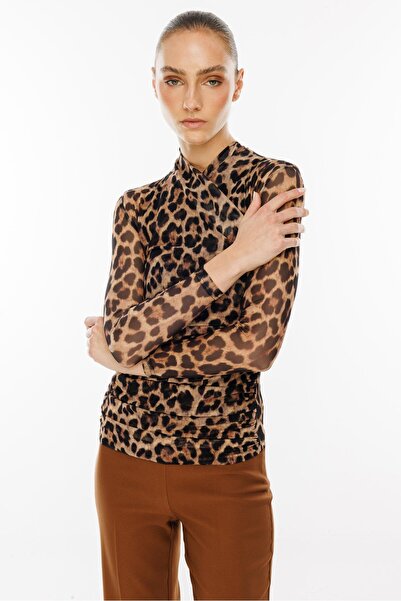 Moda İlgi Modailgi  Kruvaze Yakalı Büzgü Detaylı Leopar Desen Bluz Vizon