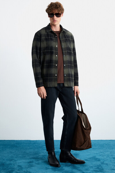 GRIMELANGE Sagan Erkek Pamuk-polyester Gömlek Yaka Relaxed Oduncu Haki Gömlek