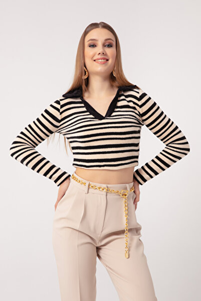 Lafaba Γυναικείο Πλεκτό Πουλόβερ σε Μπεζ Ριγέ