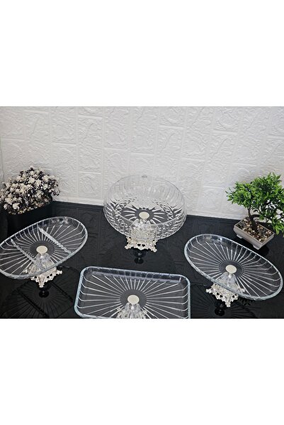 atabey home collection 4-Piece Striped Dowry Set - 3 Presenter Holders and 1 Salad Bowl