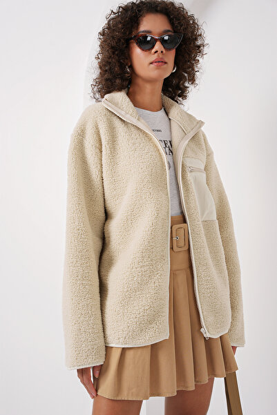 Bigdart 55446 Jachetă de pluș supradimensionată cu fermoar - crem