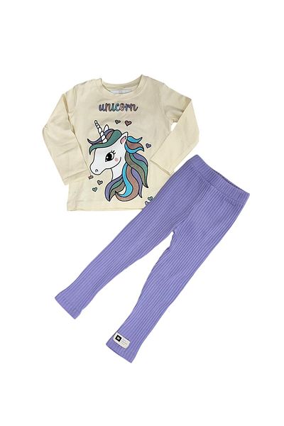 2Friends Shiny Unicorn Printed Tshirt Purple Ribbed Tights Set