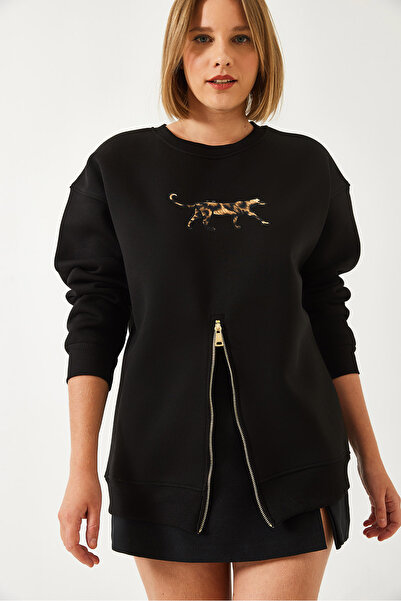 Bianco Lucci Γυναικείο φούτερ με φερμουάρ μπροστά με τρεις κλωστές με στάμπα λεοπάρ 60351258