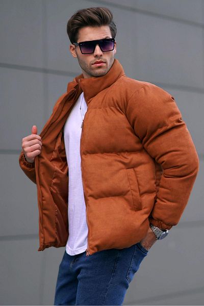 Madmext Мъжко пухено палто от кафяв набук 6802
