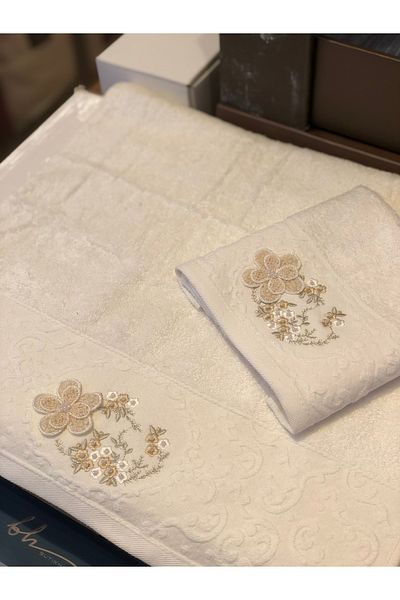 Fiesta 3D Embroidered Daisy and Girl Towel Set - Cream/Coffee